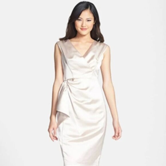 Maggy London Elegant Champagne‎ Sleeveless Draped Satin Sheath Dress 14 NWT - Picture 2 of 15